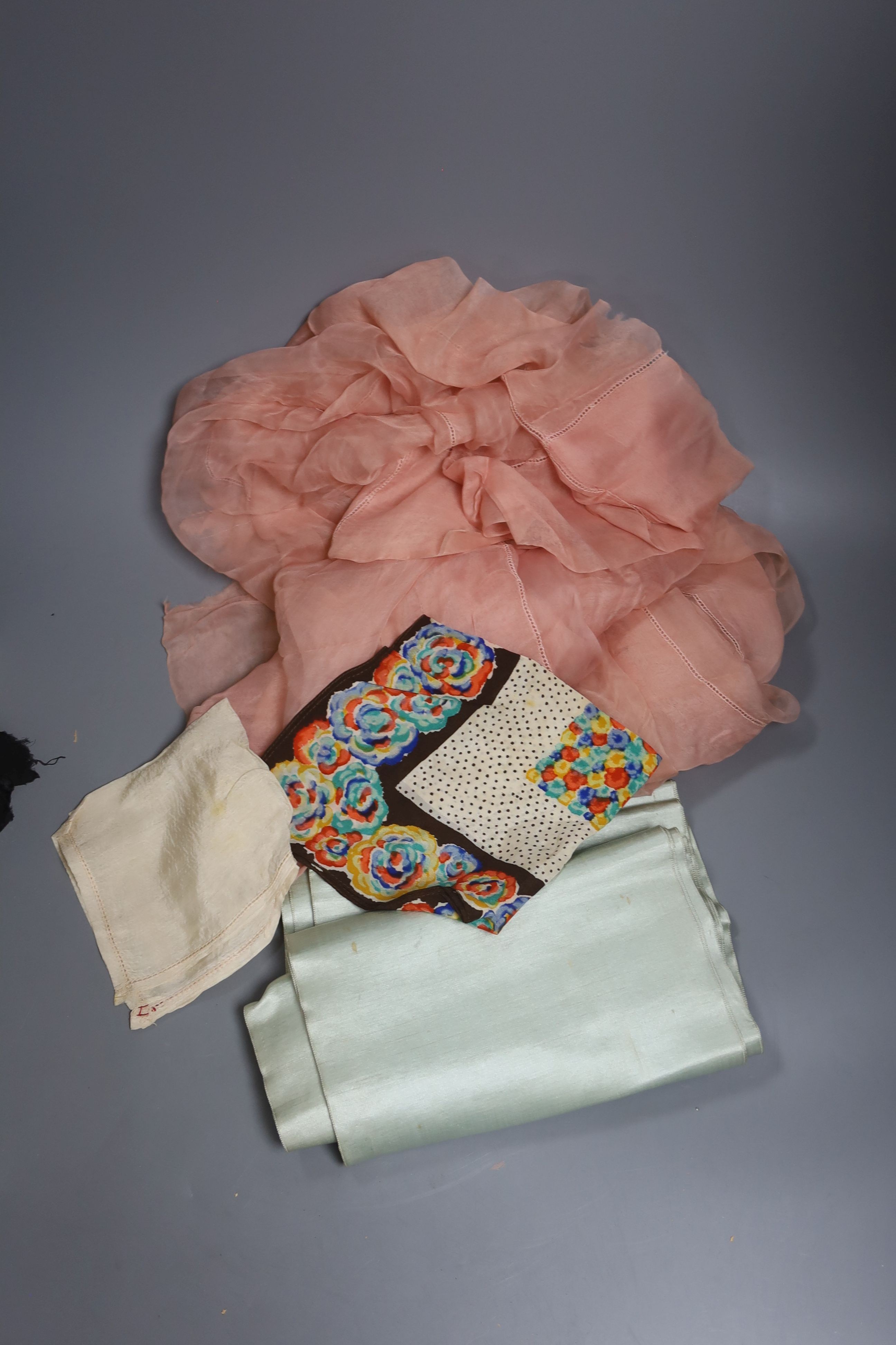 A collection of crepe de chine hankies and ribbon fabrics etc